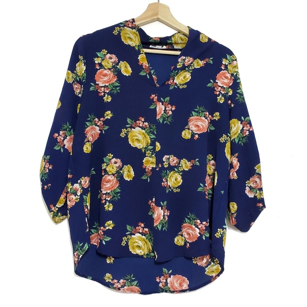 Mine | Floral Roll Tab Long Sleeve Blouse